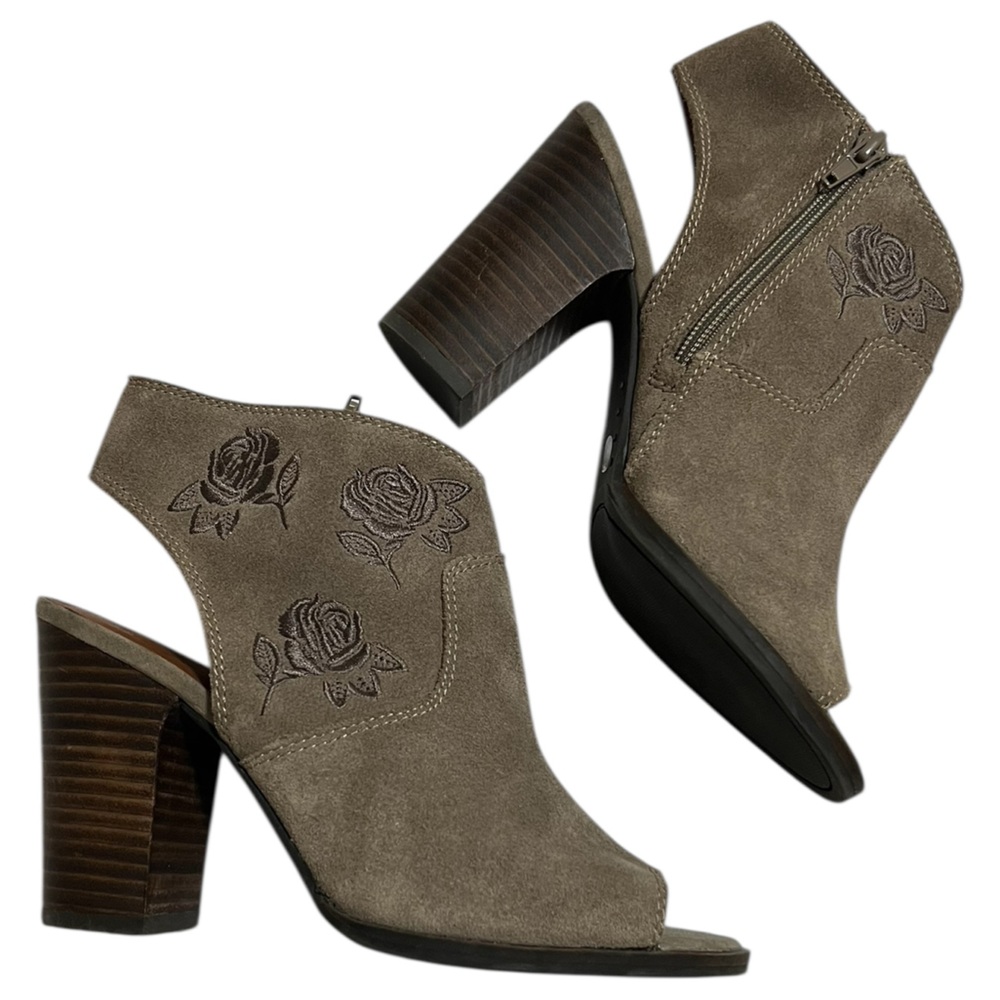 LUCKY BRAND Boho Rose Suede Open Toe Heel Sling Back Embroidered Tan Taupe Sz 8